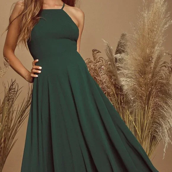 green emerald velvet dress Berylove Women Maxi Dress Dark Green Satin A Line V Neck Spaghetti Straps Wedding Guest Dress with Slit, Dark Green / M